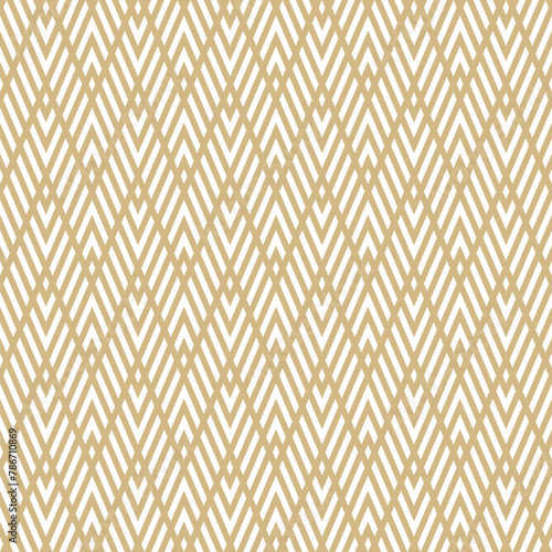 Geometric line seamless pattern. Vector chevron texture. Golden zigzag stripes, grid, lattice, mesh, diagonal lines. Abstract gold zig zag background. Simple modern geometry. Repeated luxury design