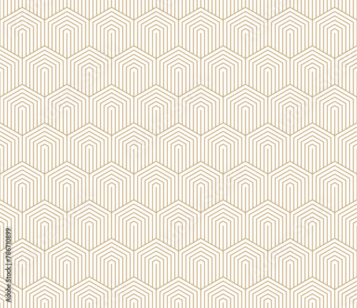 Golden vector seamless pattern with hexagons, lines. Gold and white abstract geometric background with outline hexagonal grid. Simple linear texture. Luxury repeated design for decor, print, wallpaper