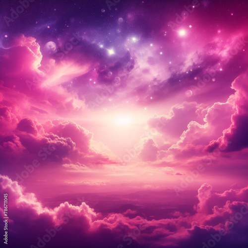Purple unicorn background. Pastel watercolor sky with glitter stars and bokeh. Fantasy galaxy with holographic texture. Magic marble space. © Fabian