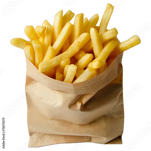 Disposable Paper bag of fast food French fries isolated  on transparent background.