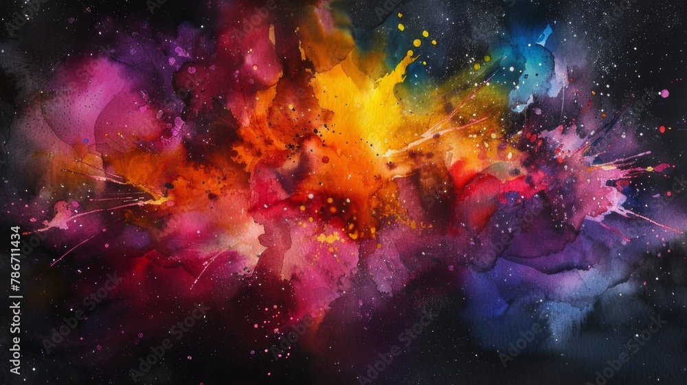 An art-themed background with various colors colliding with each other. An explosion of colors in space. An abstract-themed background. - obrazy, fototapety, plakaty 