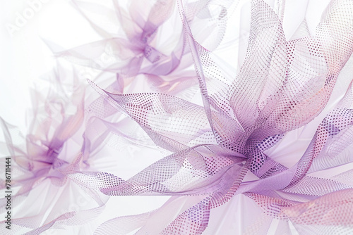 Delicately crafted points and lines in subtle shades of lavender and pale rose create an enchanting digital lace motif against a pure white backdrop,
