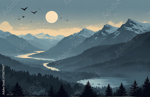 sunrise over the mountains blue gry with birds flying and riverbank photo