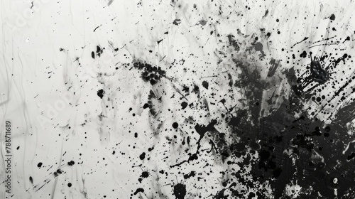 Black ink splatters on a white background. An abstract background of black oil paint splatters in front of a white wall. © an
