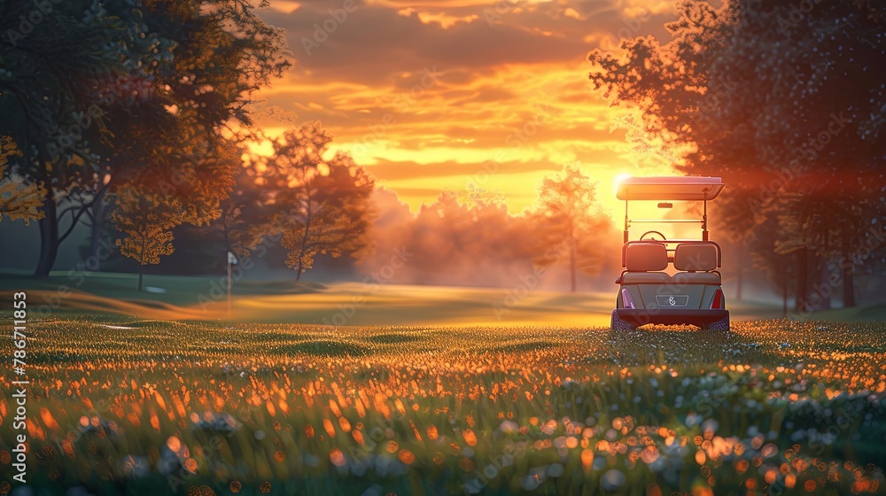 Serene Sunset Golf Cart Awaiting the Next Swing Serene Sunset Golf Cart Awaiting the Next Swing
