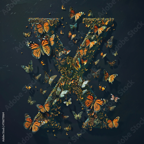 Alphabet made of butterflies on black background. Letter X. 3d rendering