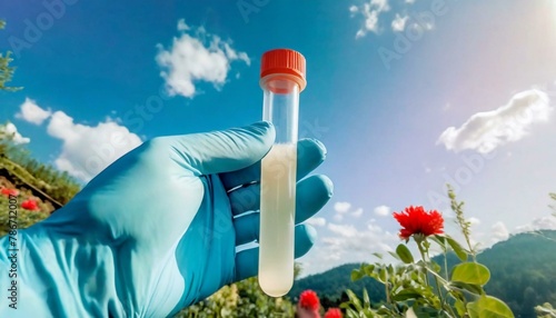 A hand wearing latex or rubber gloves holding up a test tube with liquid with an outdoor garden and blue sky background
