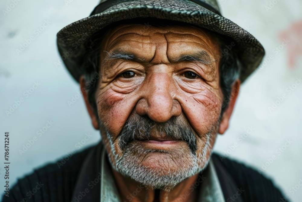 Old man with mustache and hat looking at camera. Close up portrait. Old man with mustache and hat looking at camera. Close up portrait.