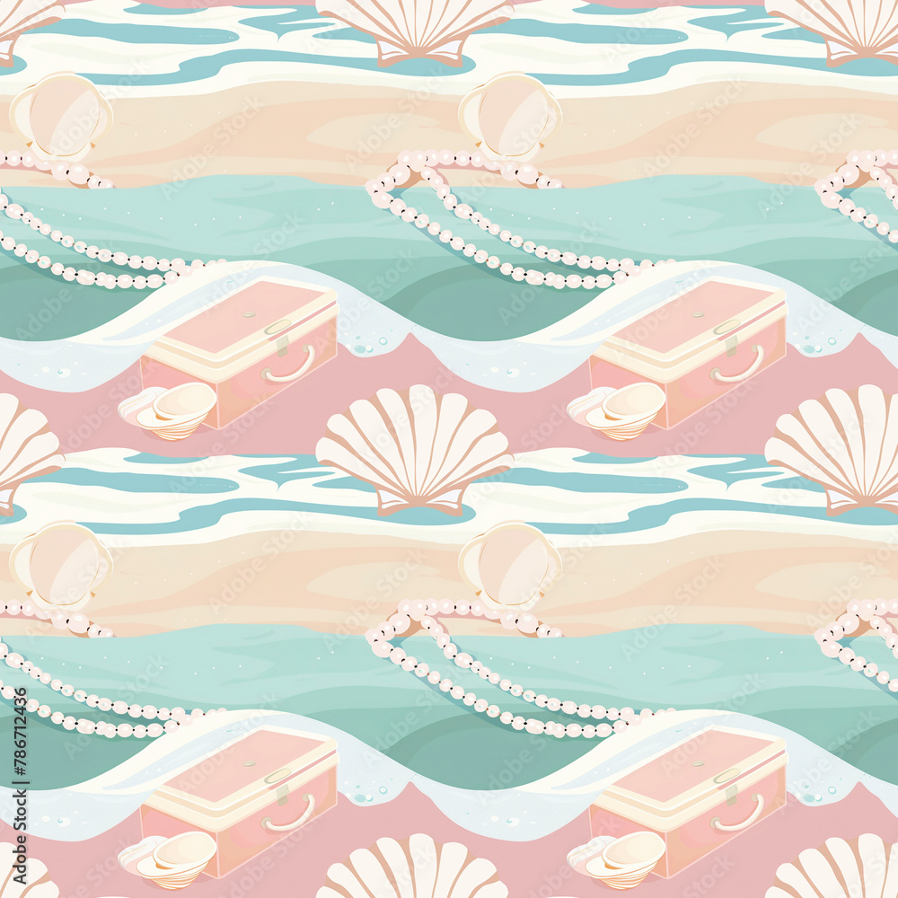 Tropical summer seamless pattern. Boxes with pearls and shells background. Tropical summer seamless pattern. Boxes with pearls and shells background.