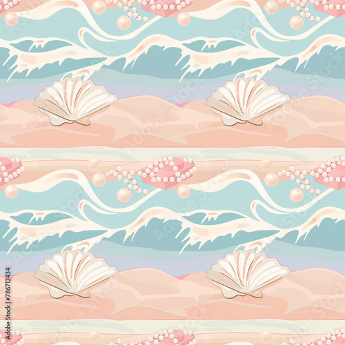  Tropical summer seamless pattern. Boxes with pearls and shells background.