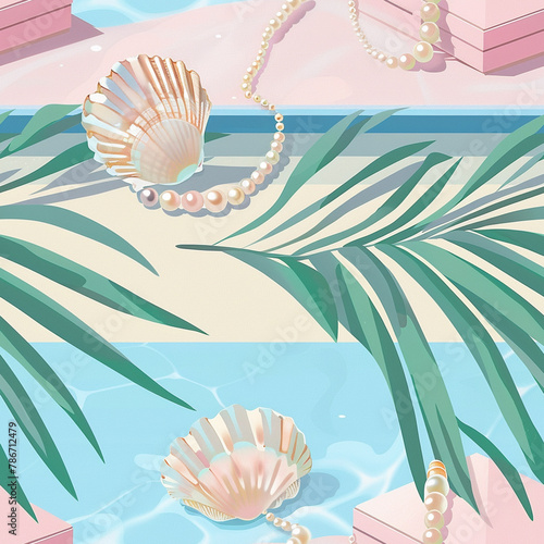 Tropical summer seamless pattern. Boxes with pearls  shells and exotic natural palm leaves.