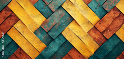 Vibrant geometric autumnal tiles in mustard yellow, terracotta, and deep teal intertwine in a mesmerizing pattern