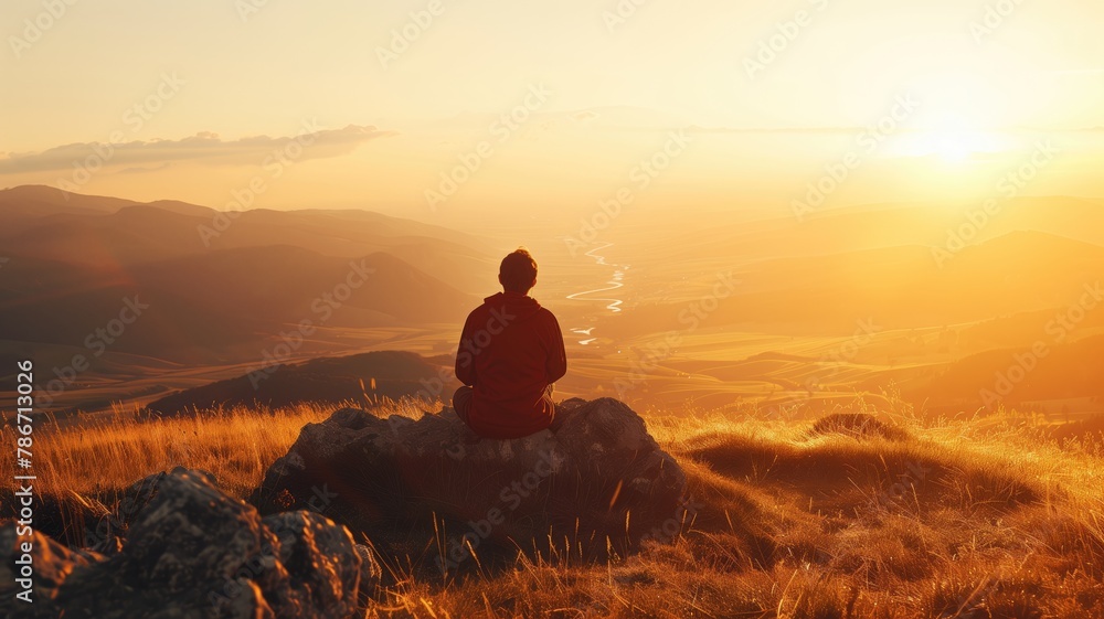 Person sitting on rock during sunset with view of rolling hills