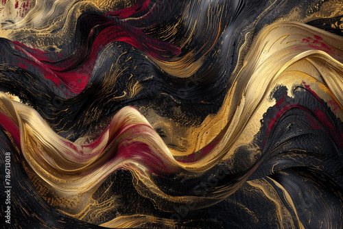 Waves of lustrous metallic gold intertwine with deep shades of ruby red and jet black, forming an abstract masterpiece against a velvety matte black canvas.