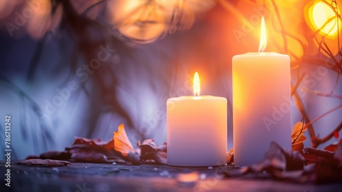 Two lit candles on wooden surface with autumn leaves and warm bokeh effect
