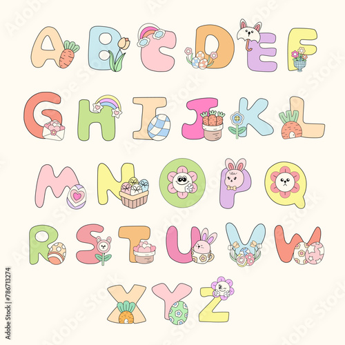 easter alphabet, easter alphabet letters, Happy Easter lettering for Paschal greeting card. Vector springtime holiday vector stock illustration