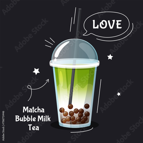 Cold matcha bubble milk tea in takeaway plastic cup with lid, straw and hand drawn doodles for menu,cafe, flyer,banner.

