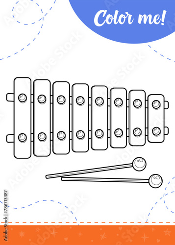 Coloring page for kids with xylophone toy.
A printable worksheet, vector illustration.