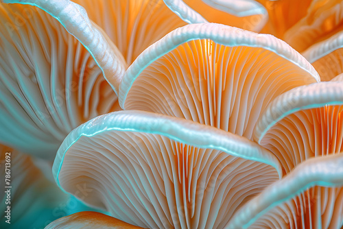 Closeup of colorful mushroom lamellae, magic mushroom, macro view. Decorative, psychic background and design pattern, wallpaper, poster.