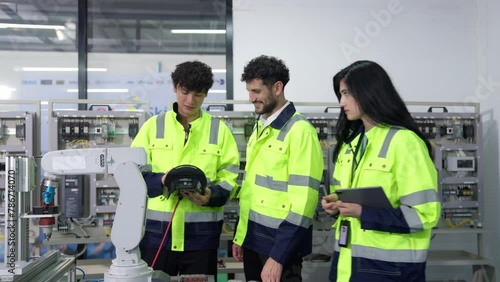 Group of multiethnic engineer researching and developing a robotics arm in scientific technology laboratory. Technician examining Industrial robot machine. Automated and manufacturing factory concepts