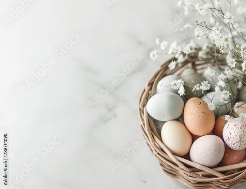 Nest of soft colored speckled Easter eggs lies among delicate blossoms and feathers