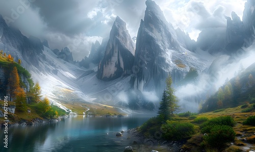 A steep mountain next to a lake, epic fantasy art