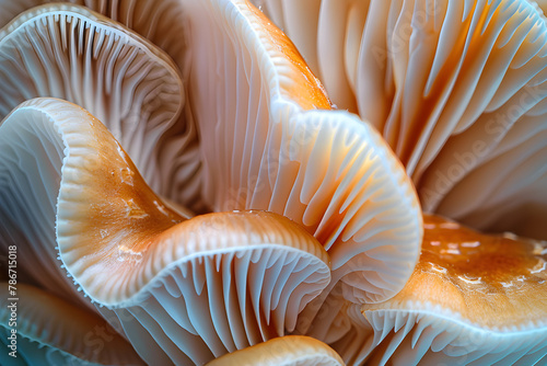 Closeup of colorful mushroom lamellae, magic mushroom, macro view. Decorative, psychic background and design pattern, wallpaper, poster. © martesign