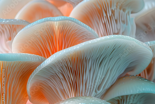 Closeup of colorful mushroom lamellae, magic mushroom, macro view. Decorative, psychic background and design pattern, wallpaper, poster. © martesign