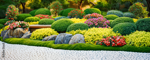 Lush Garden with Colorful Flowers and Stone Pathway. Landscape Design & Garden Inspiration. sustainable landscaping