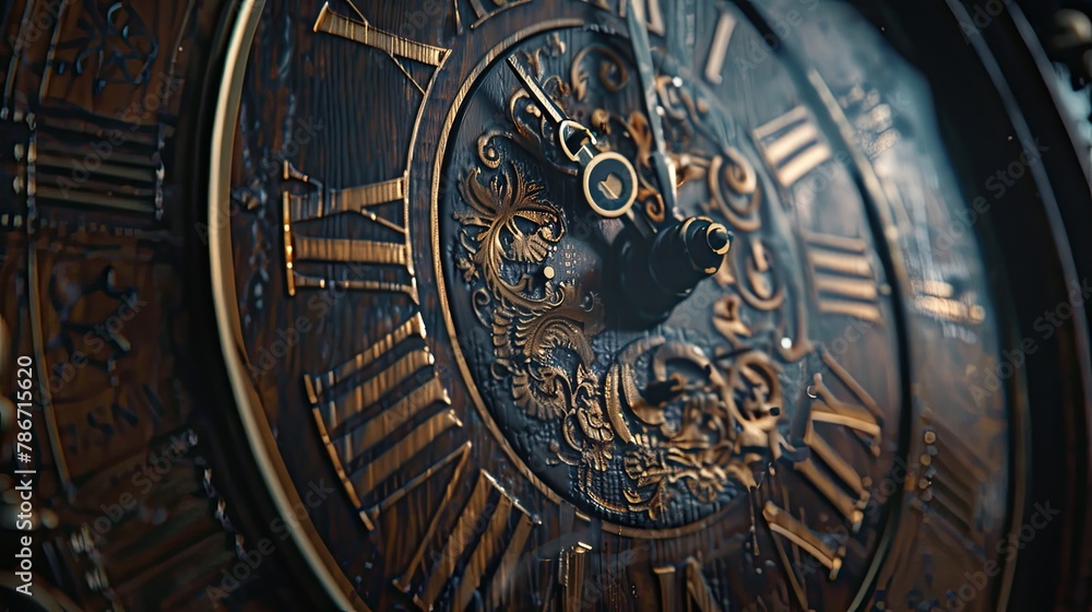 Fototapeta premium Close-up of an antique grandfather clock face, hands visibly ticking. Dark textured background emphasizes the timeworn elegance.