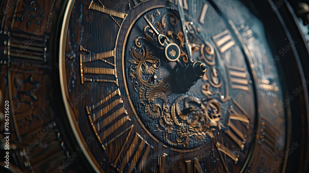 Close-up of an antique grandfather clock face, hands visibly ticking. Dark textured background emphasizes the timeworn elegance.