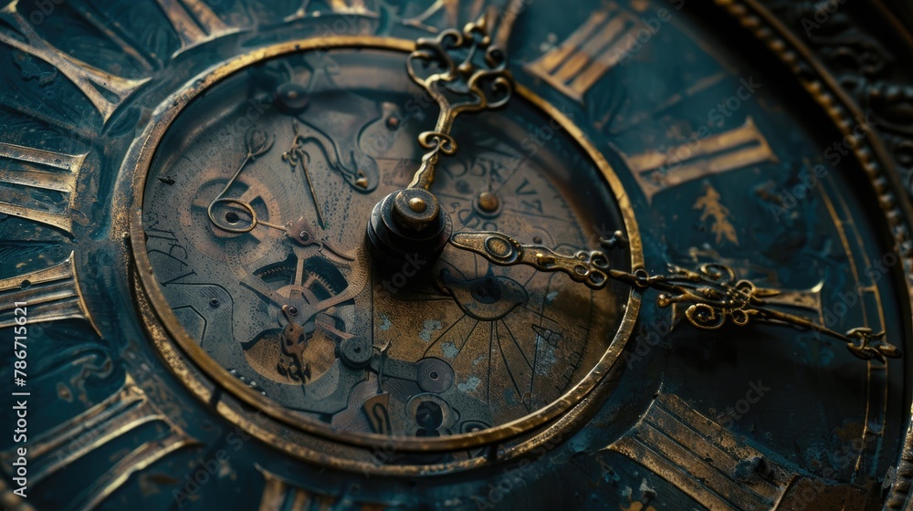 Highly detailed macro view of grandfather clock's intricate ticking dial face contrasted against darkly textured background emphasizing its sophisticated timeworn style.