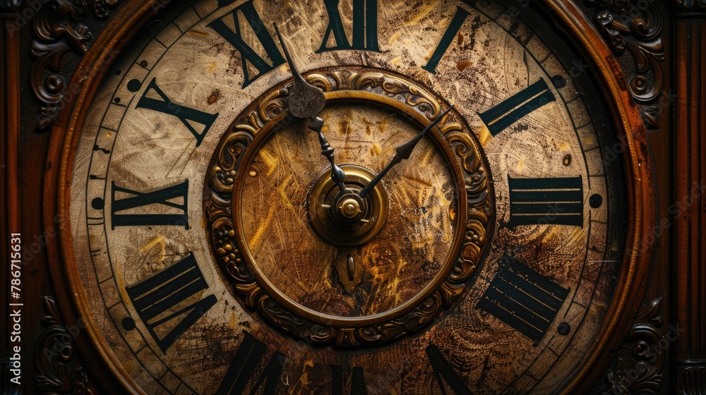 Tight close-up shot of vintage grandfather clock's ticking face set against rich dark textured background underscoring its weathered elegant character.