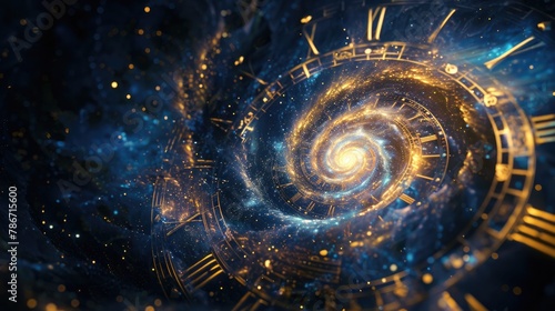 Close-up of the night sky. A swirling galaxy with celestial objects forms a clock face. Stars represent the vastness and cyclical nature of time.