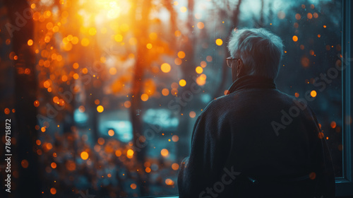 An elderly person sitting by a window  looking out at the raindrops falling outside. 