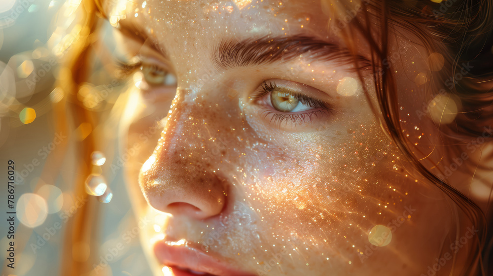 A Freckled Face Glistens, Bathed In The Warm Golden Sparkles Of The Serene Sunlight