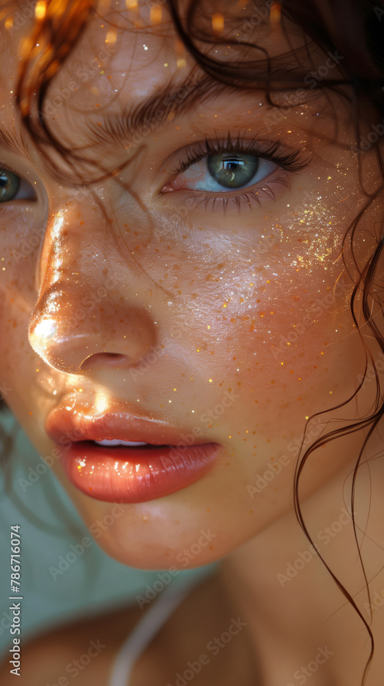 Twilight's Magic Sparkles On A Young Woman's Freckled Face, Exuding A Lustrous, Serene Glow Twilight's Magic Sparkles On A Young Woman's Freckled Face, Exuding A Lustrous, Serene Glow