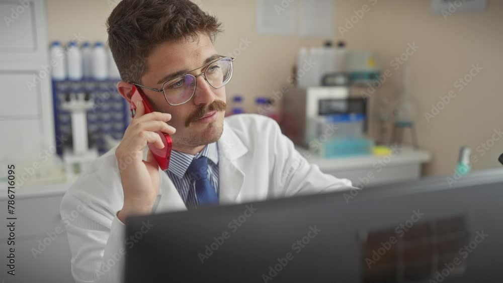 A focused man in a lab coat talks on the phone while examining data on a computer monitor in a laboratory. A focused man in a lab coat talks on the phone while examining data on a computer monitor in a laboratory.