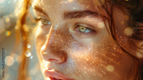 A Freckled Face Glistens, Bathed In The Warm Golden Sparkles Of The Serene Sunlight