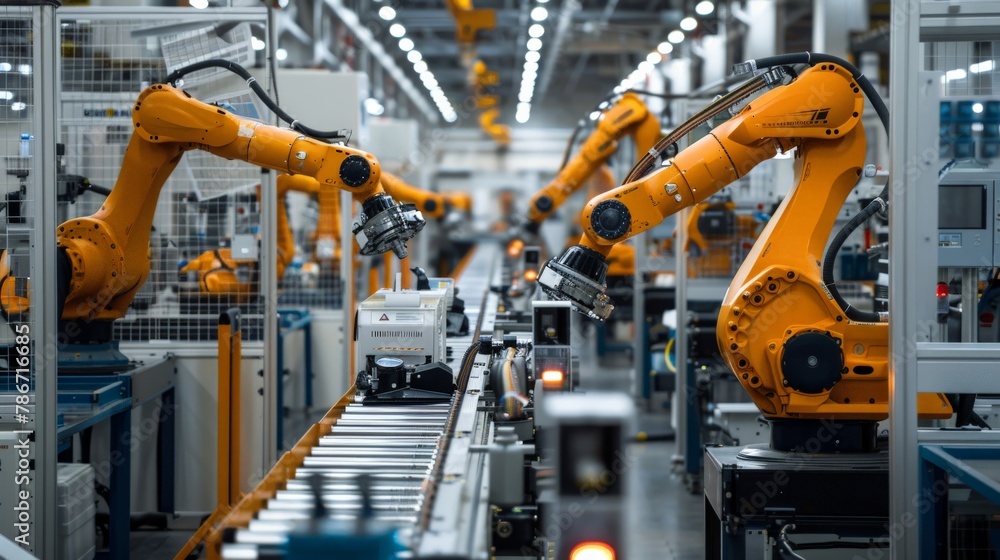 Robotic arms along assembly line in modern factory.