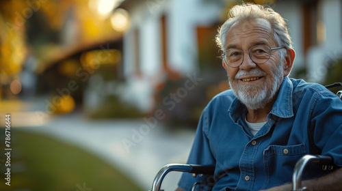 Smiling elderly man sitting in a wheelchair outdoors. He has a content expression on his face, and the background consists of a blurred garden with trees and a building.