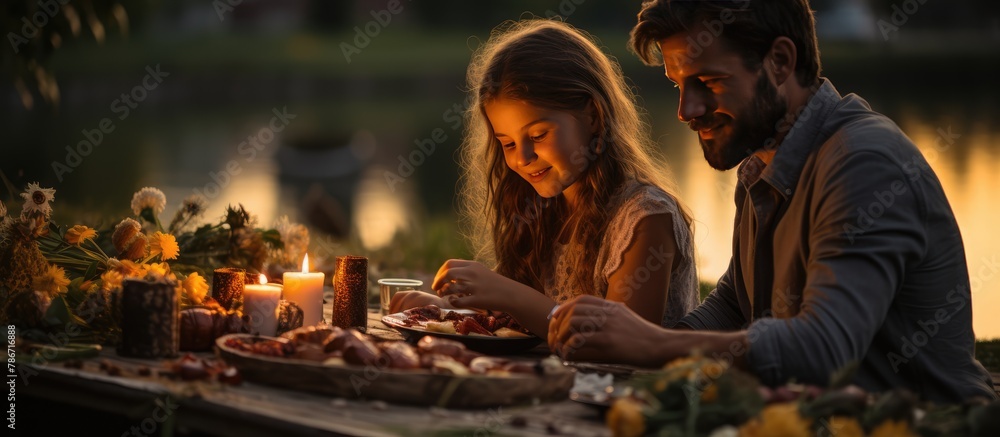 family relaxing warm evening picnic eating delicious food together