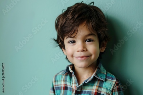 Portrait of a smiling little boy looking at the camera against a green wall