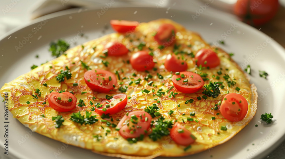 Delicious cheese omelette garnished with cherry tomatoes and fresh parsley on a white plate. Delicious cheese omelette garnished with cherry tomatoes and fresh parsley on a white plate.