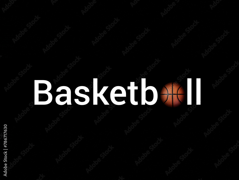 The word basketball with a basketball ball on a black background
