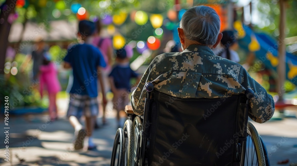 Obraz premium A war veteran sitting in a wheelchair, watching children play happily