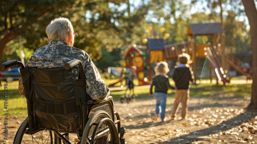 Obraz premium A war veteran sitting in a wheelchair, watching children play happily