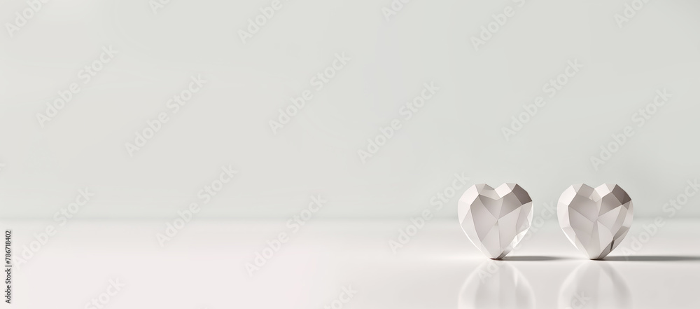 white two faceted gemstone hearts on milk color background. Generated by AI. - obrazy, fototapety, plakaty 