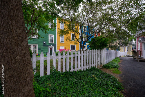 A row of colorful wooden houses painted yellow, green, and blue. The adjoined buildings have glass windows with white trim. The backyard has a white wooden picket fence with large lush green trees.