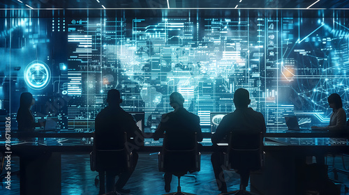 Wallpaper Mural business people holographic digital screen uturistic world map data visualization conference table in a high-tech office interior background cybersecurity team working virtual network system technoloy Torontodigital.ca